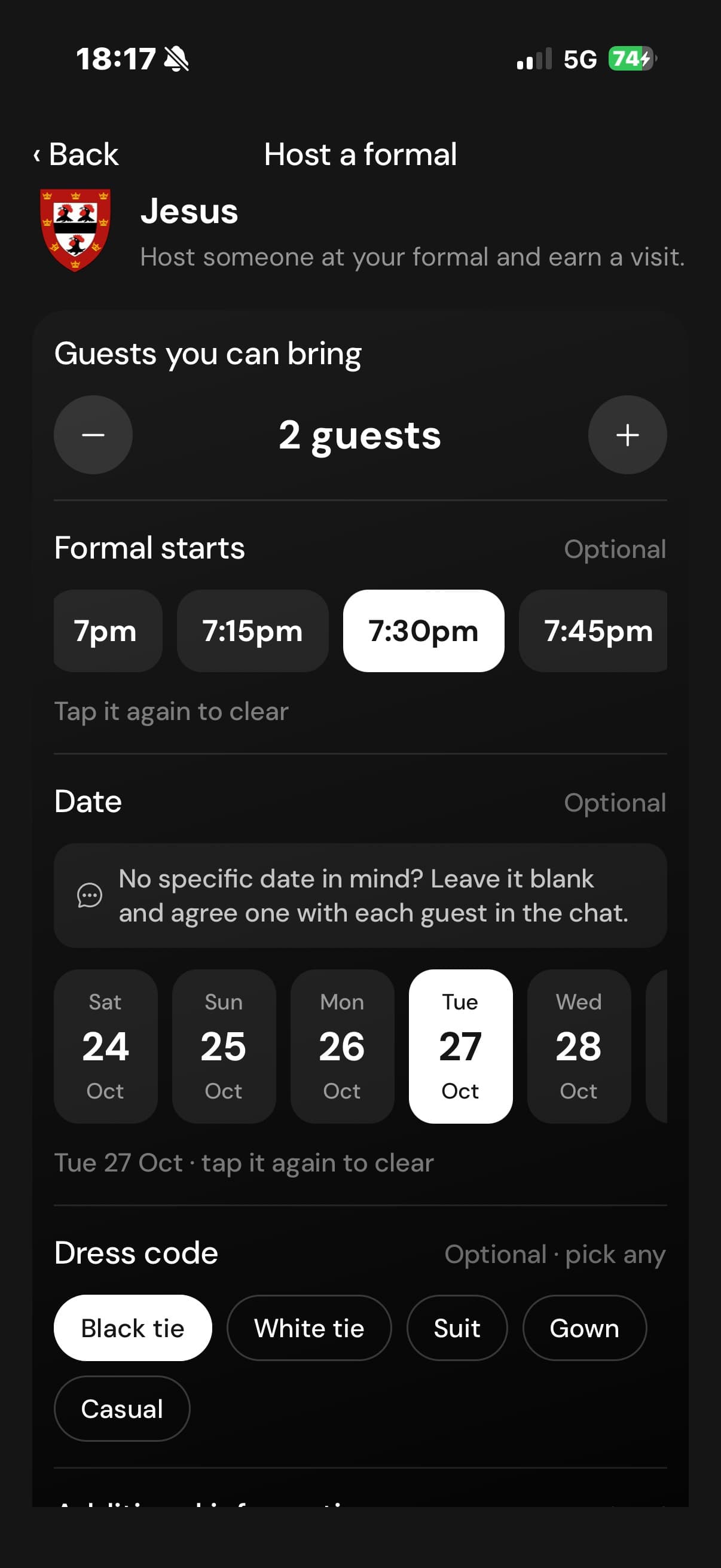 Host a formal: guests, date, time and dress code.